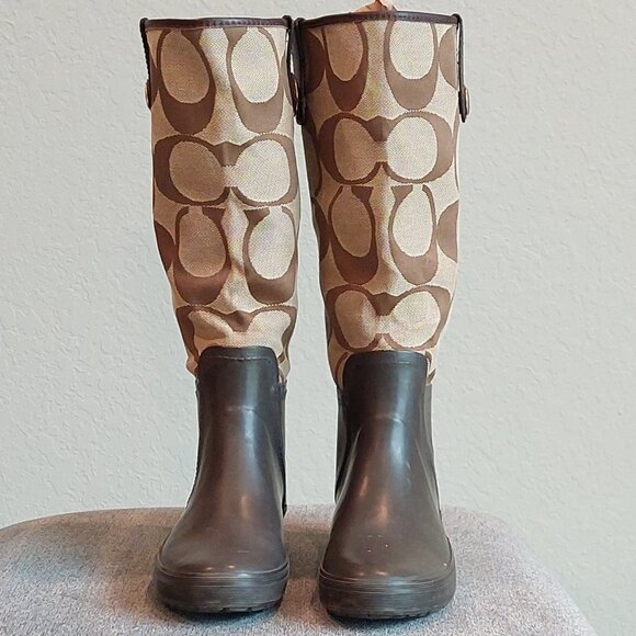 Coach Signature "C" Brown/Tan Polly Fashion Rain Boots Size 6 - Picture 1 of 16